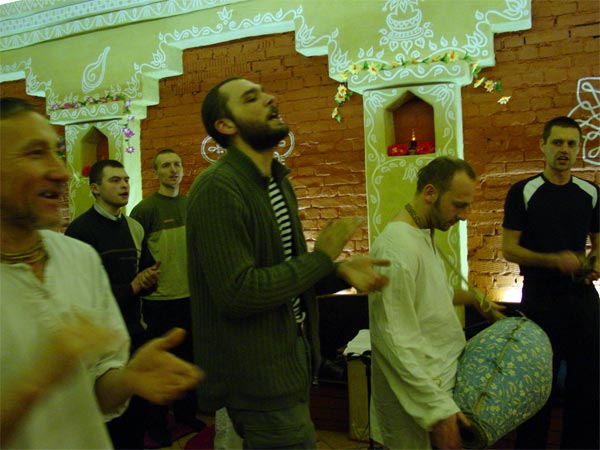 Radha Raman Prabhu is chanting with enthusiasm and Krishna Bhakta Prabhu is playing mridanga